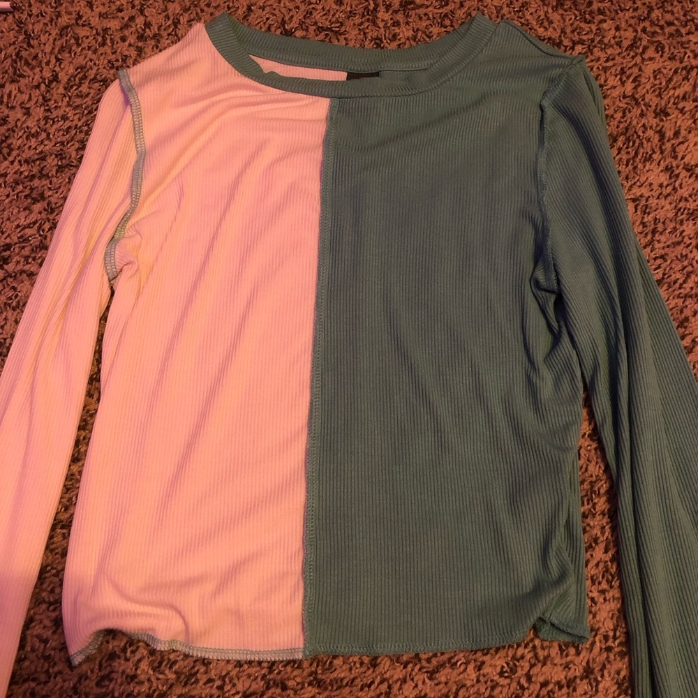 half sewn white/teal long sleeve